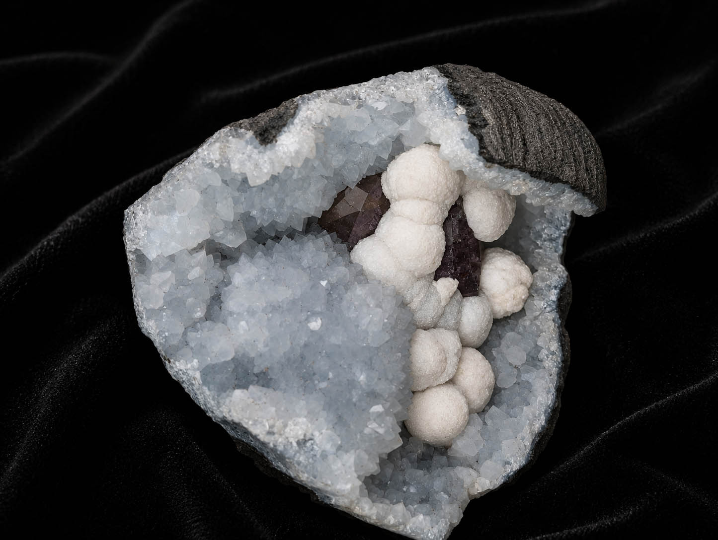 Moon Pearl Grotto – Gyrolite, Calcite & Amethyst